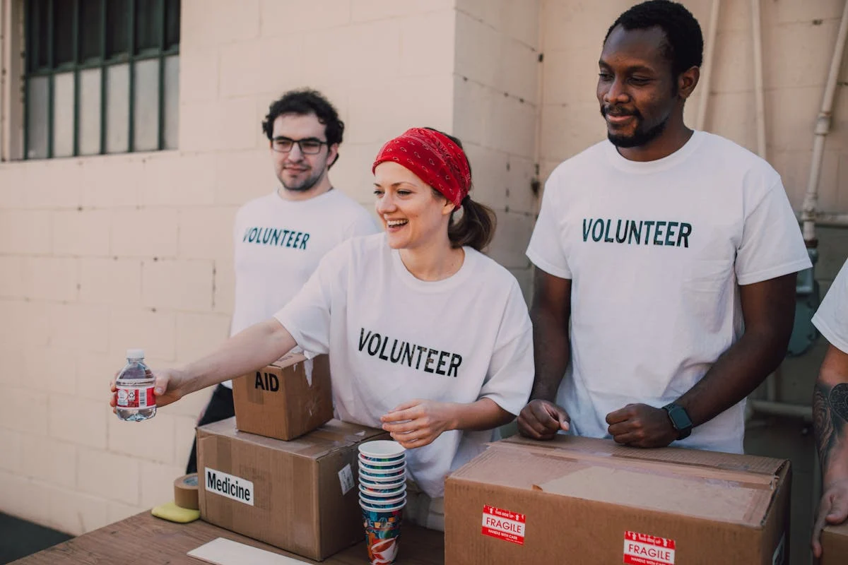 Volunteers organizing medicine and aid supplies